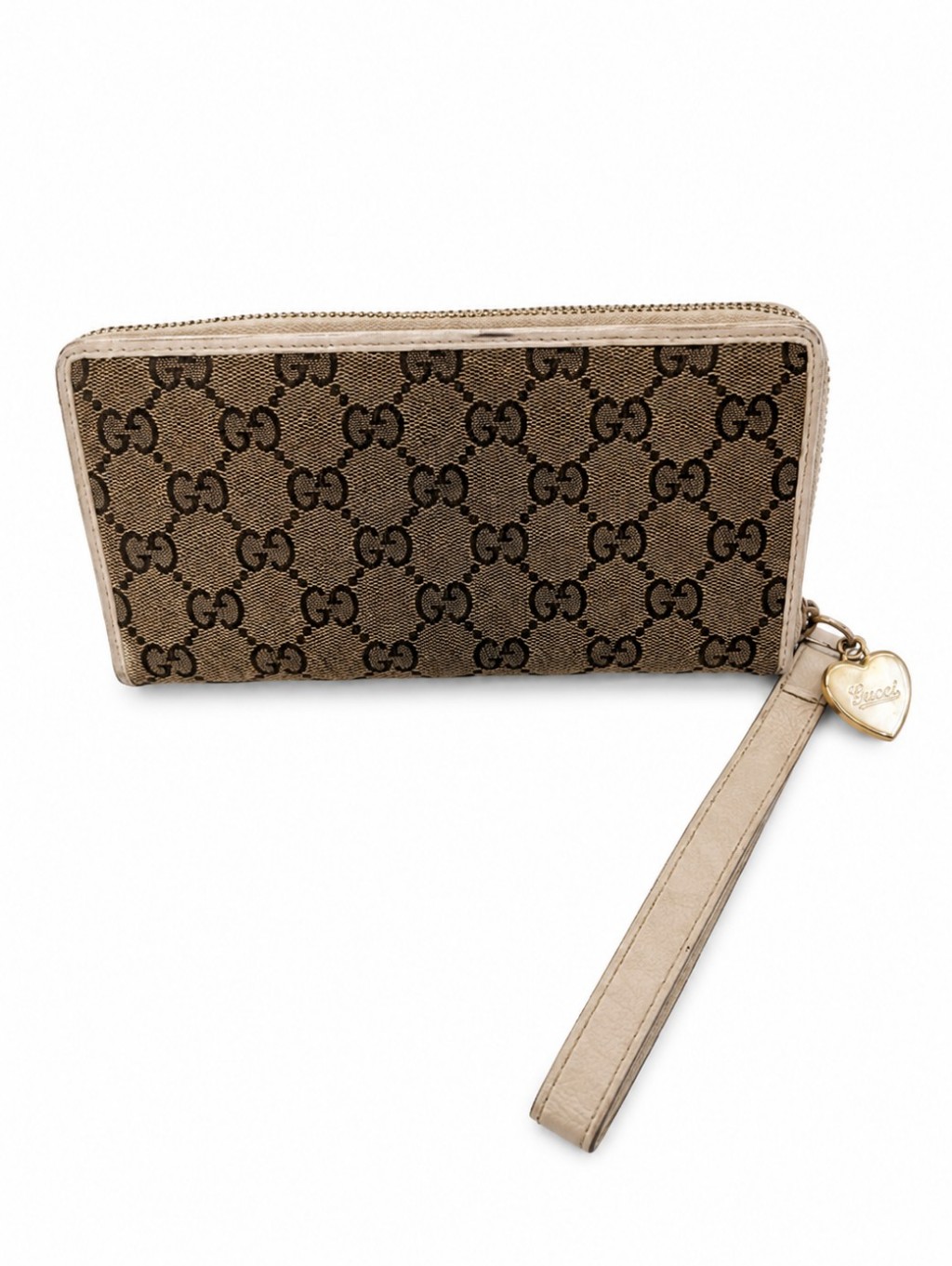 Gucci Gg Canvas Zippy Wristlet Wallet With Heart Charm